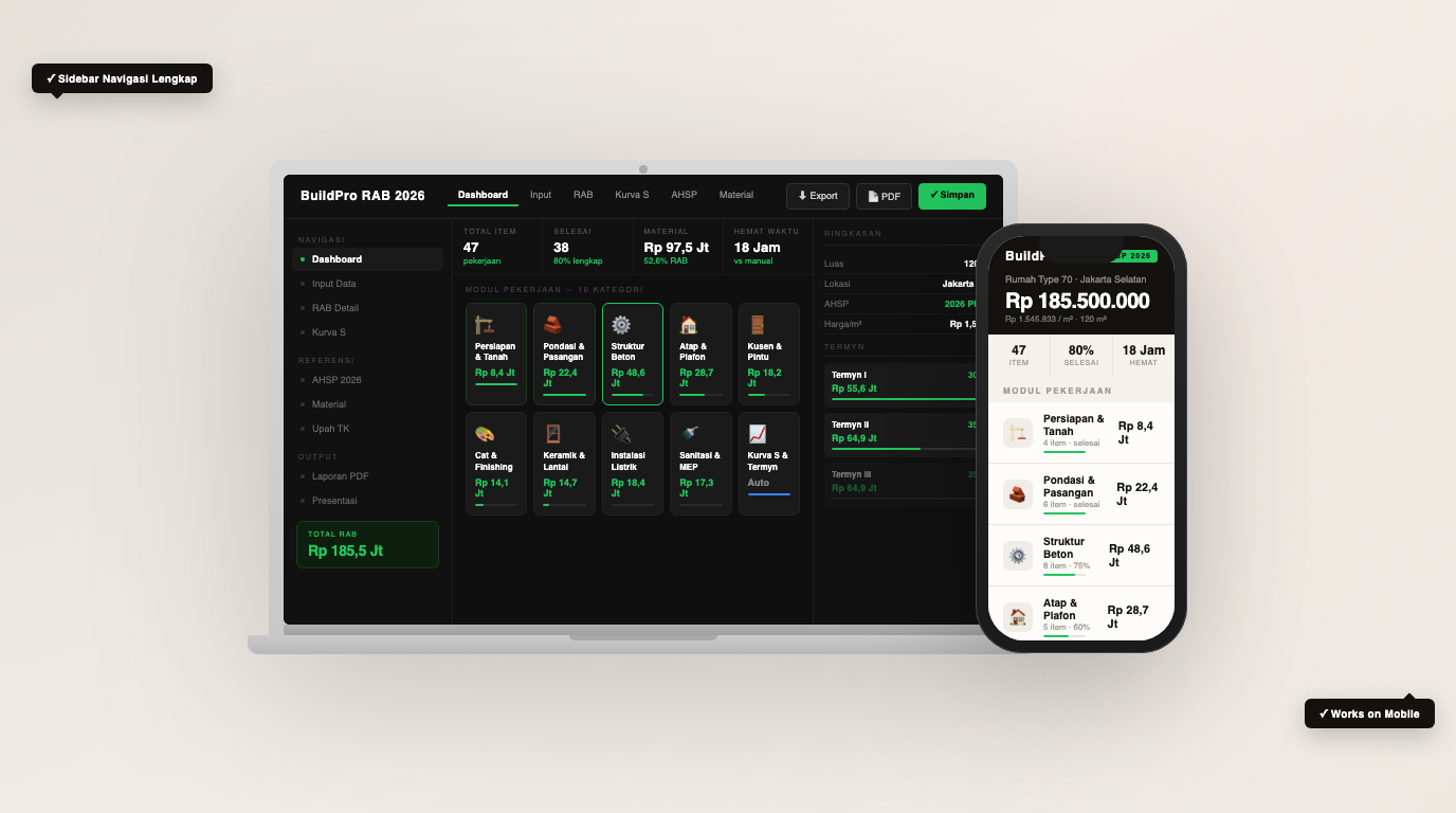 BuildPro RAB 2026 — Desktop dan Mobile